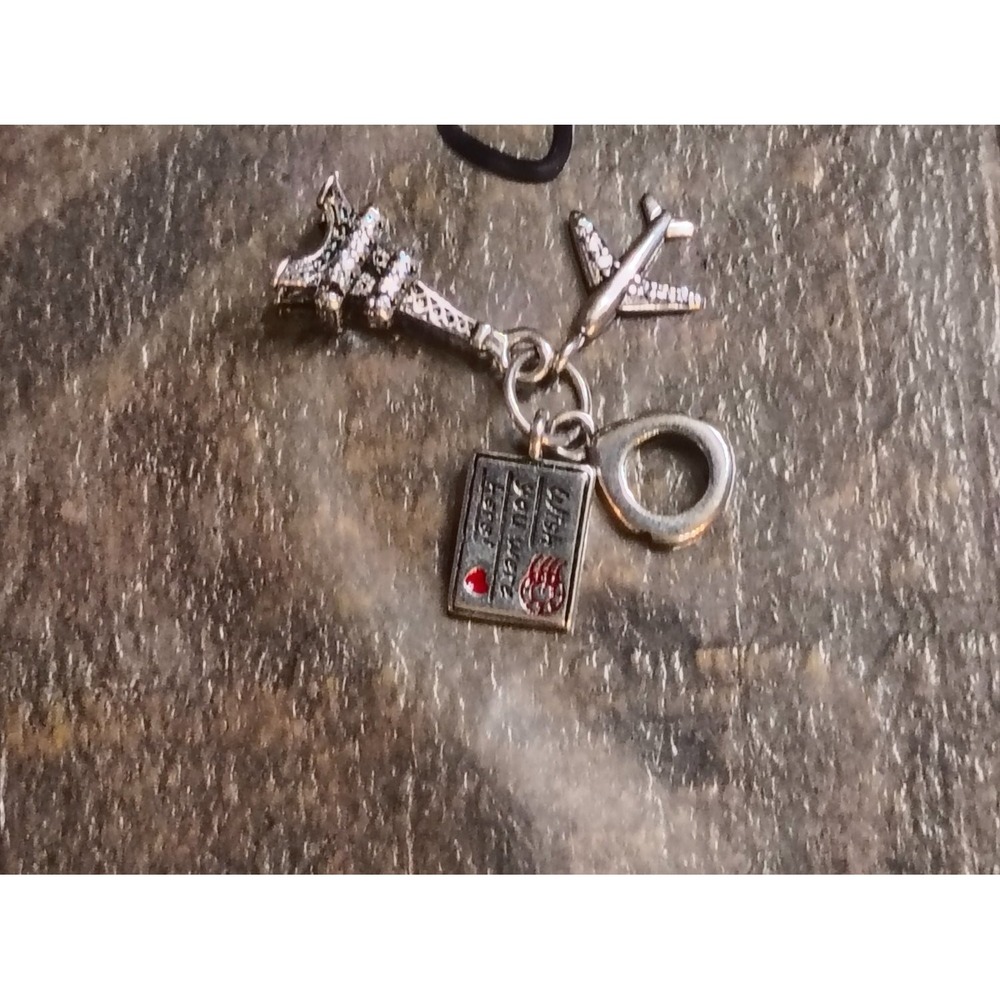 Paris Travel Dangle Charm Eiffel Tower Airplane Postcard Rhinestone Silver Tone - Picture 2 of 3